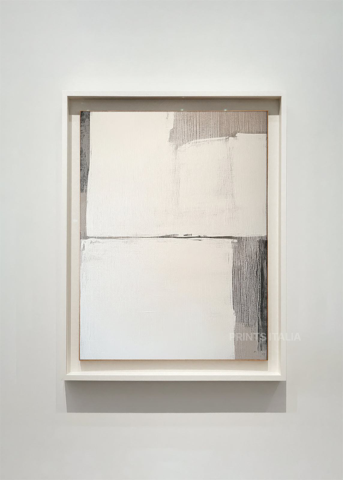 ZEVARA – framed minimalist abstract art print with taupe and cream blocks, fine graphite lines, and soft tonal shifts, displayed in a modern gallery