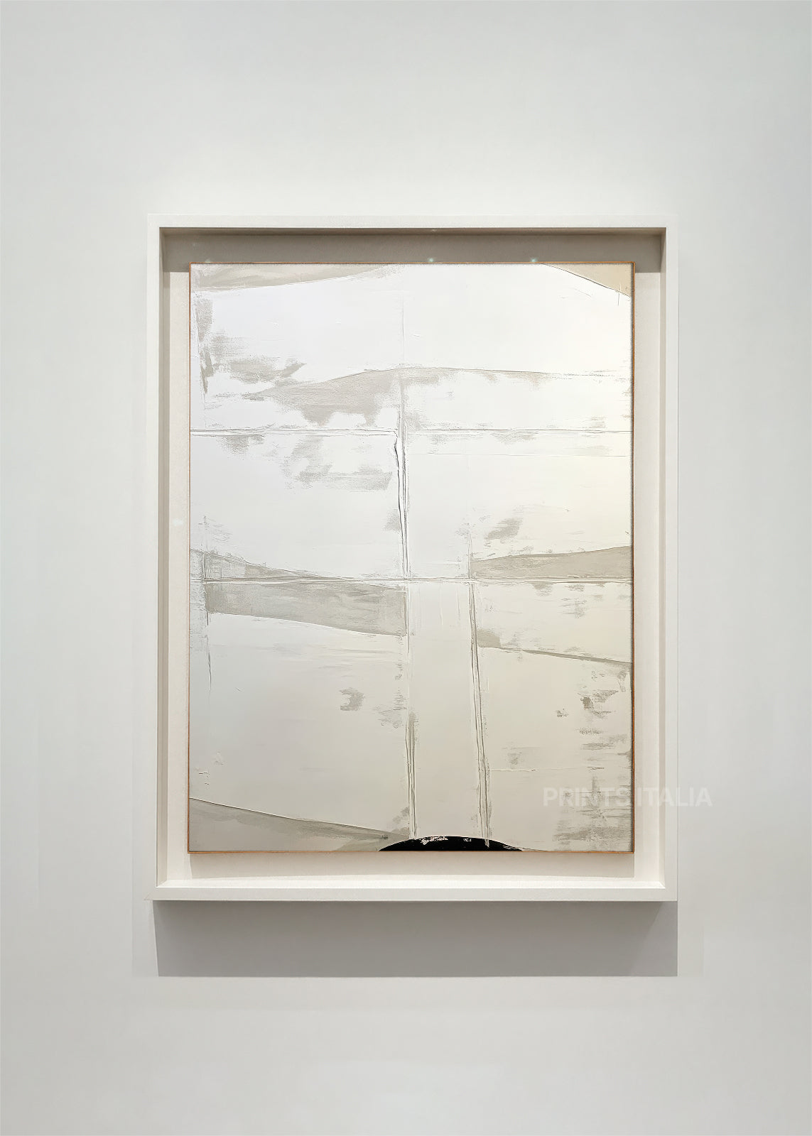 ZIMRA abstract art print framed – soft horizontal layers in pale gray and cream with delicate textural elements
