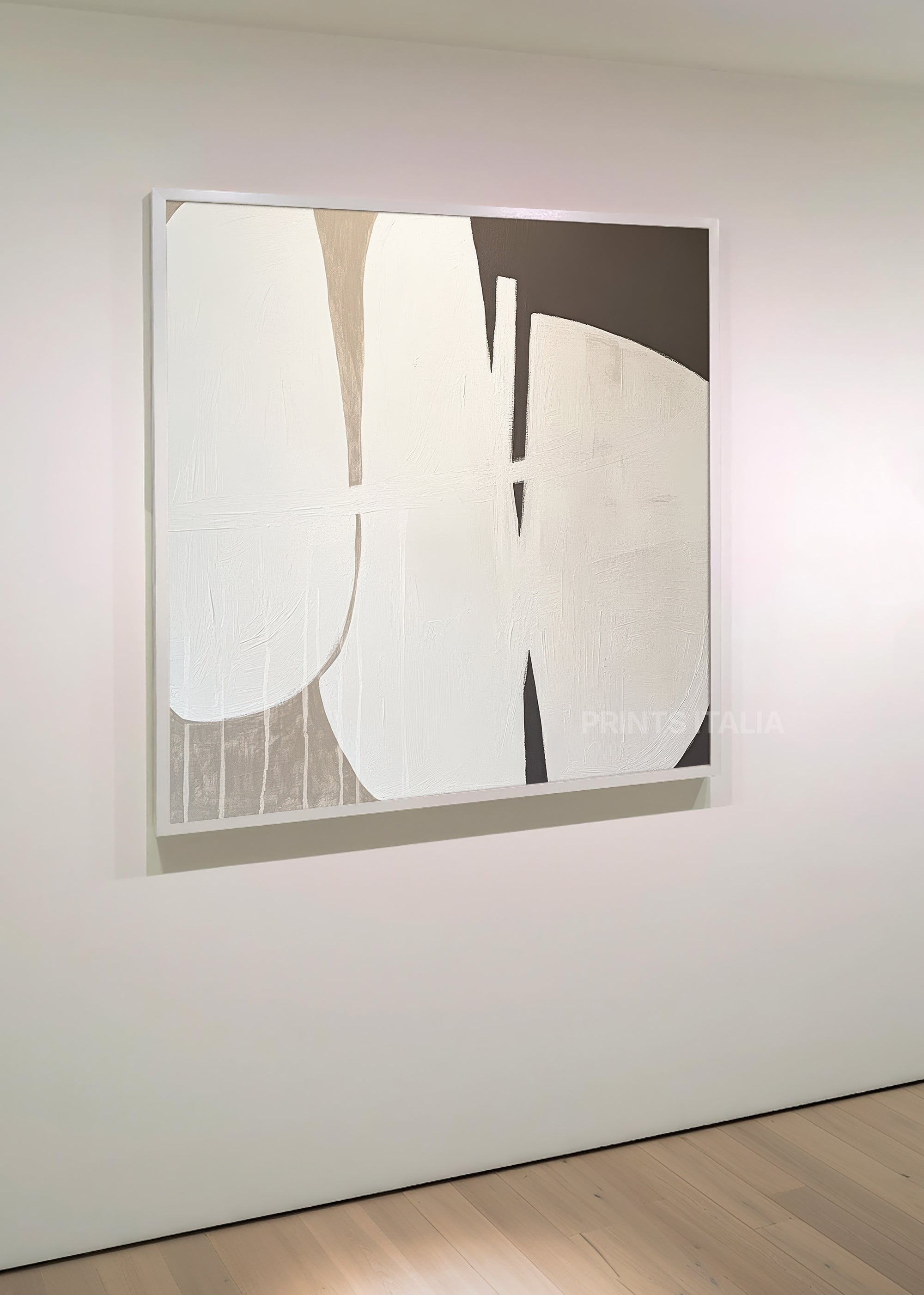 ZIORRA print displayed in a contemporary gallery, highlighting its geometric layers and soft neutral palette