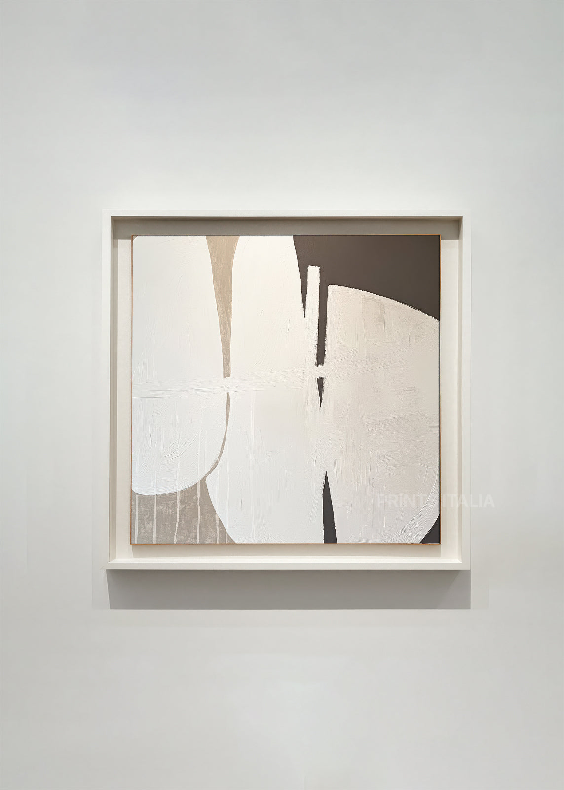 ZIORRA abstract art print framed – layered white and taupe forms with bold charcoal accents in a minimalist composition