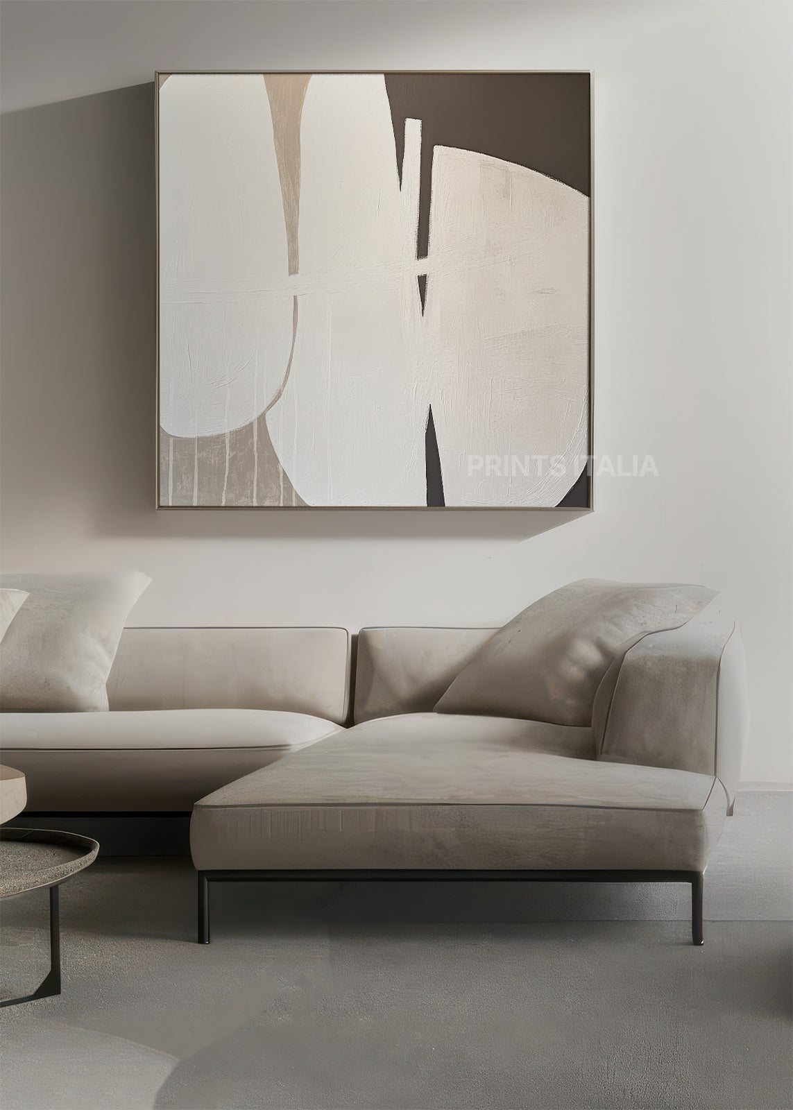 ZIORRA abstract print styled in a serene, modern space, emphasizing its calm geometry and subtle tonal shifts