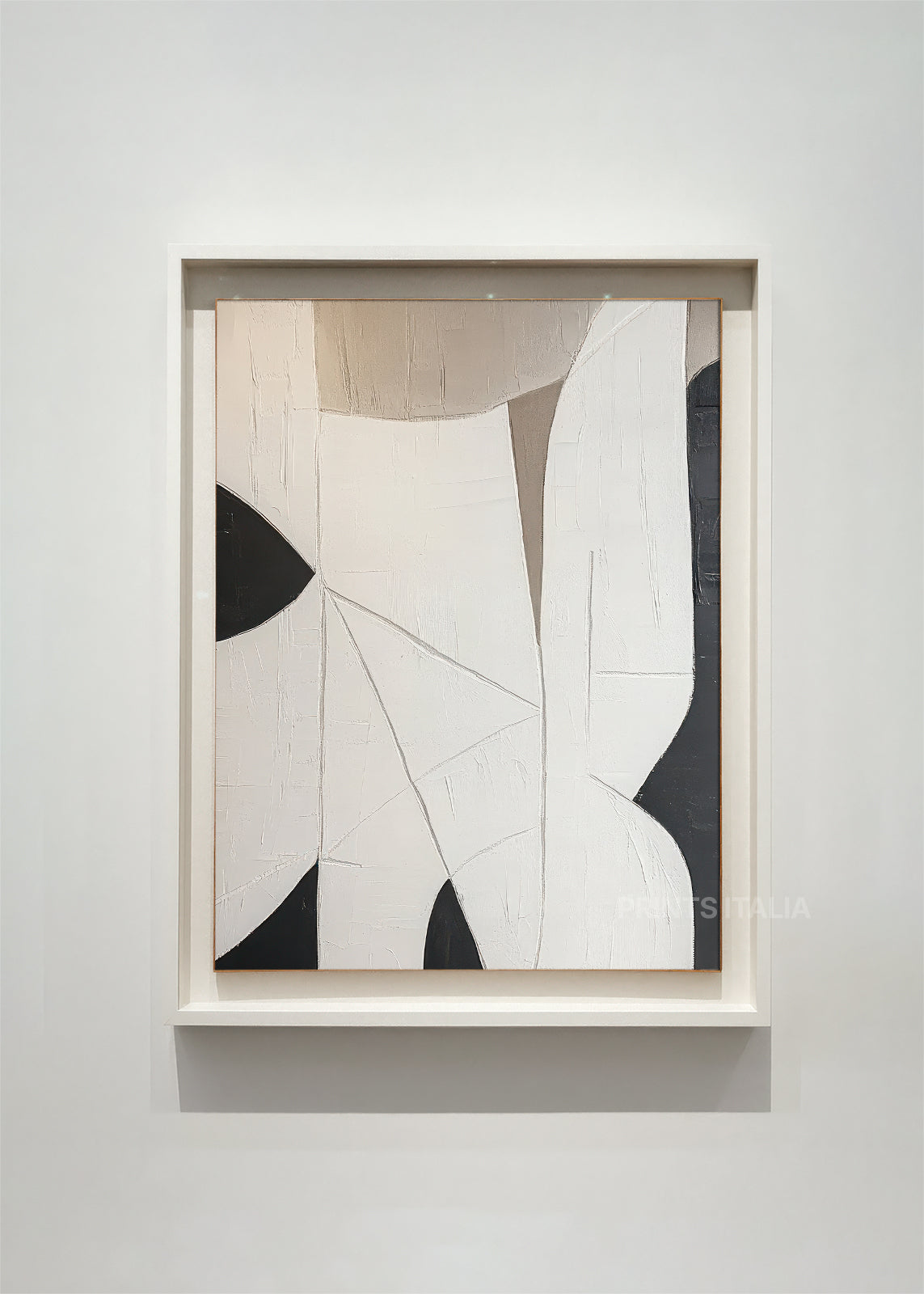 ZORELL abstract art print framed – layered ivory and taupe forms with bold black geometric shapes and linear accents