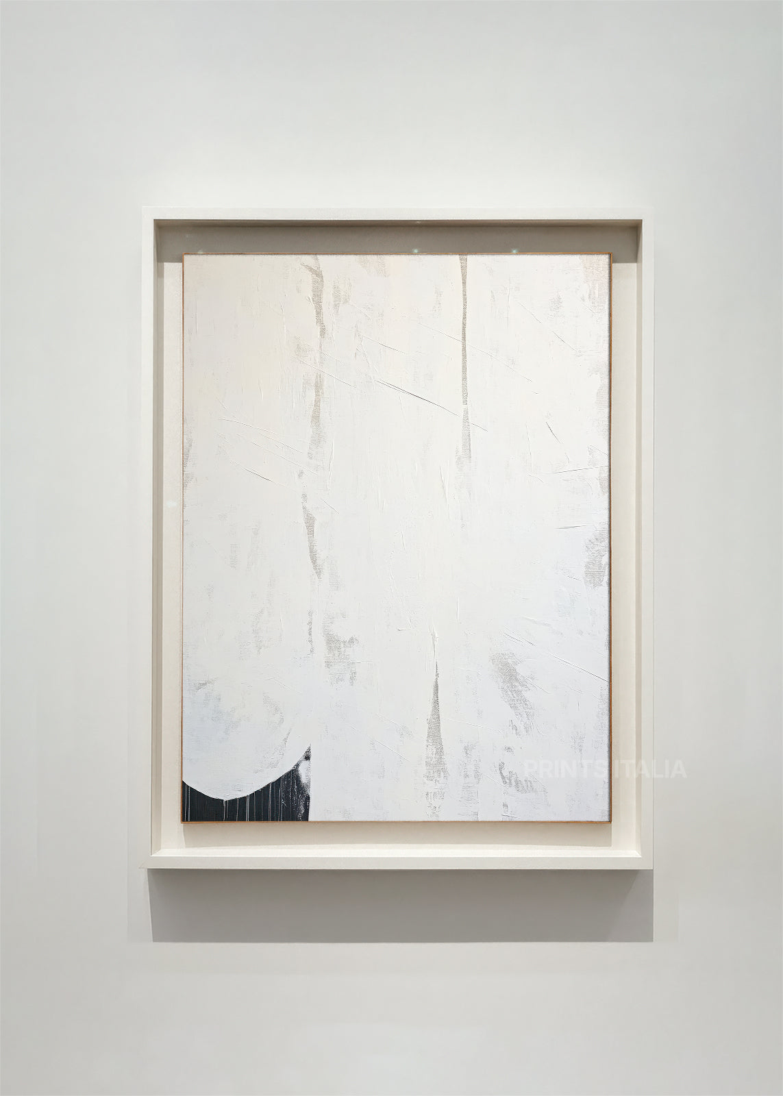 framed minimalist abstract art print with layered white textures, subtle vertical lines, and a single black accent, displayed in a modern gallery